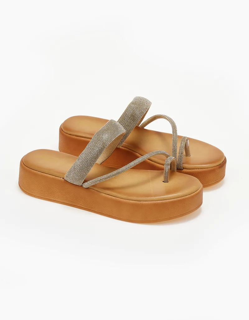 Σανδάλια flatform με toe-ring και glitter - Χρυσό