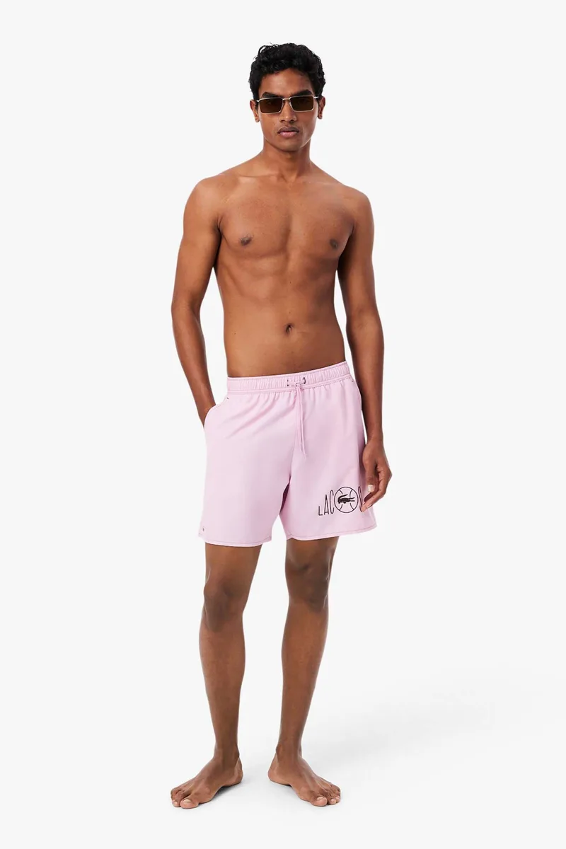Lacoste ανδρικό μαγιό σορτς με tennis print - MH1887 Ροζ Ανοιχτό