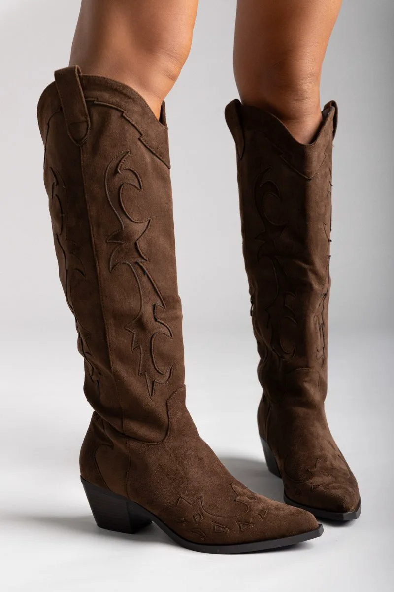 Ideal shoes Cowboy Block Heel Boots - 7687A - Olive Suede