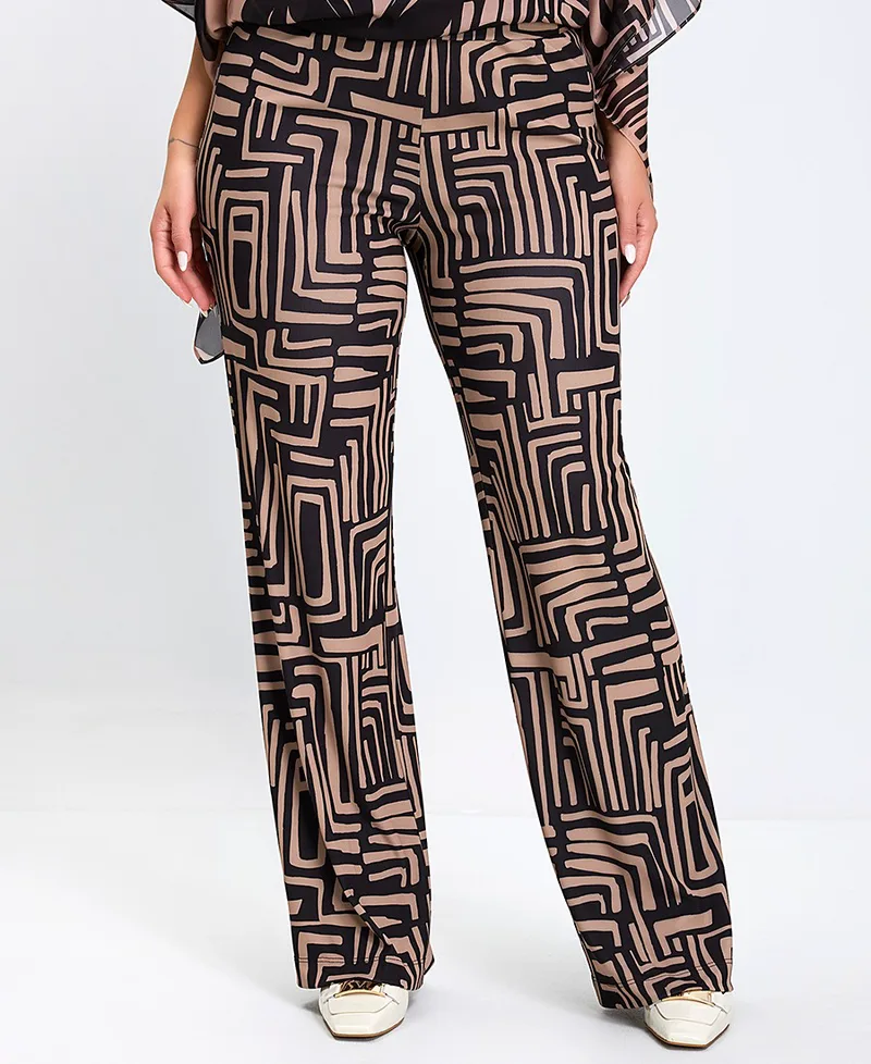Γυναικείο Παντελόνι με Γραμμικό Μοτίβο Wide Leg σε Nude Τόνους