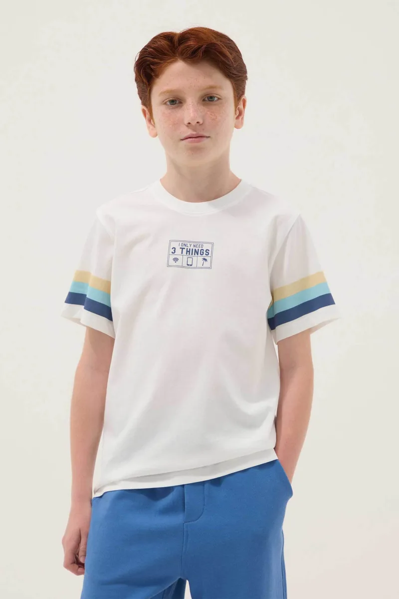 OVS παιδικό T-shirt με print και ριγέ μανίκια Regular Fit - 002682483 Λευκό