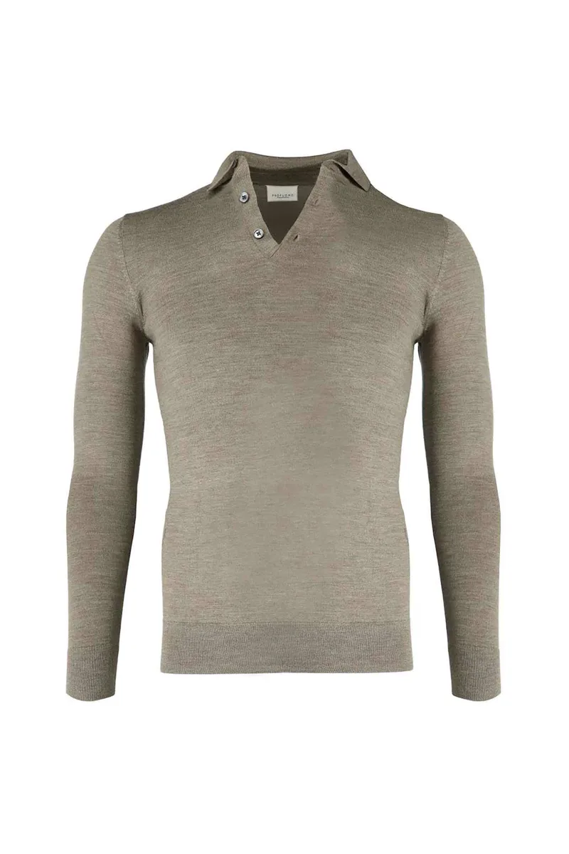 Profuomo ανδρική μάλλινη μπλούζα πόλο μονόχρωμη Slim Fit - PPVJ30002E Λαδί