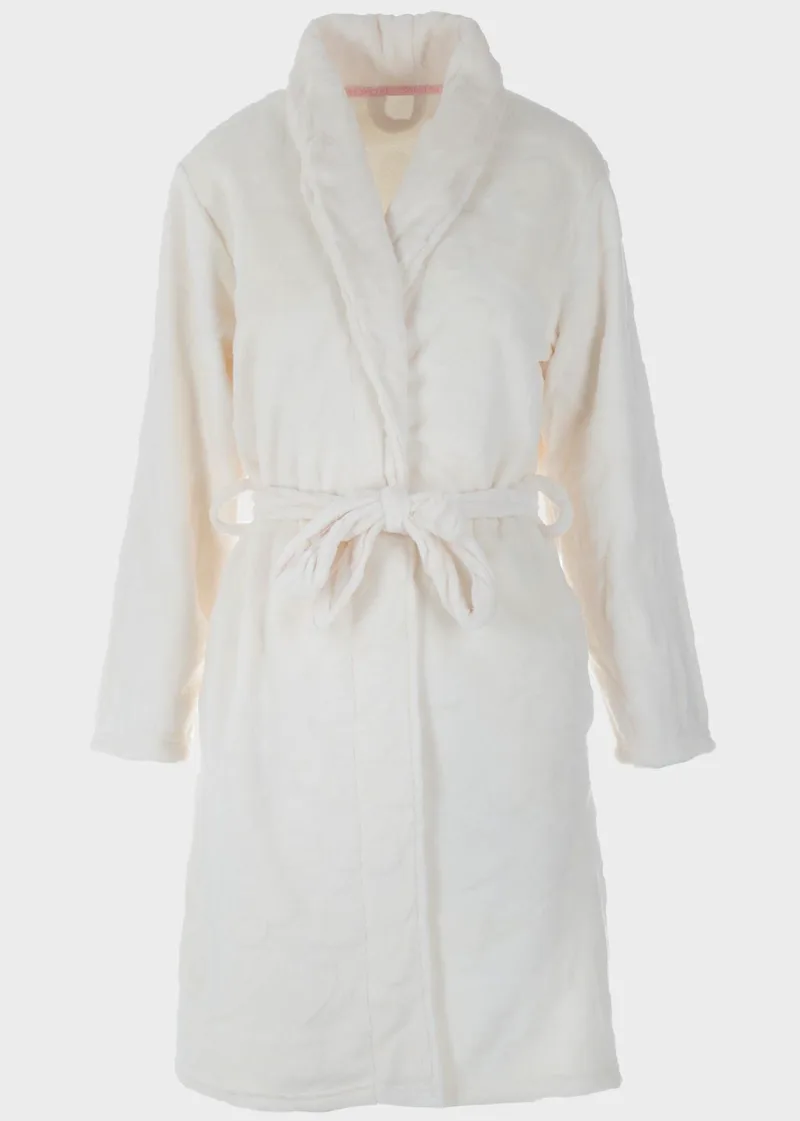 Γυναικεία ρόμπα fleece μονόχρωμη ανάγλυφες καρδιές ΕΚΡΟΥ