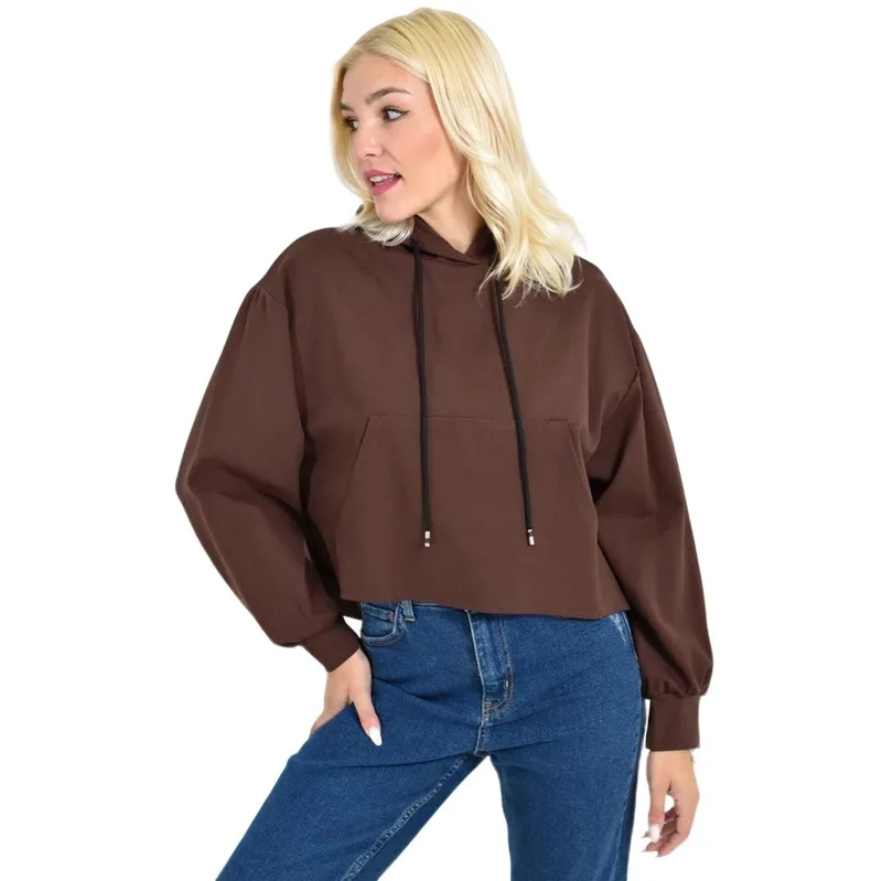 Γυναικείο Cropped Hoodie με Μαύρα Κορδόνια Και Τσέπες Καφέ 27090