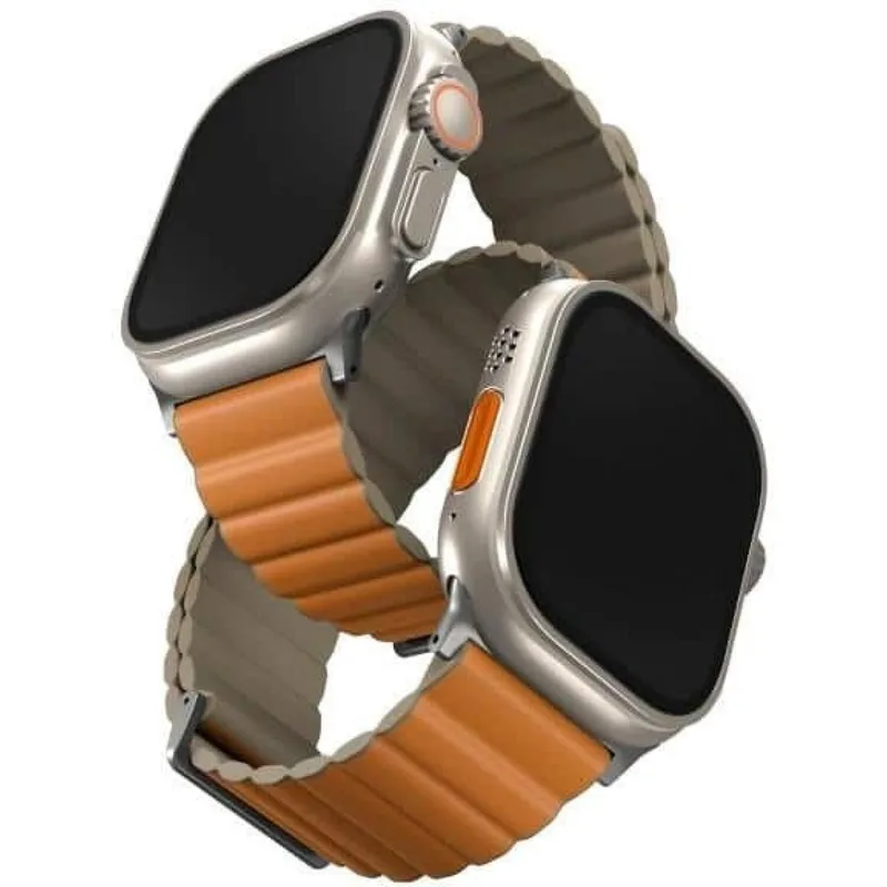 Λουράκι Apple Watch Ultra/SE/11/10/9/8/7/6/5/4 (49/46/45/44mm) Uniq Revix Premium Edition Αναστρέψιμο Μαγνητικό από Premium Σιλικόνη & Δέρμα - Saffron Πορτοκαλί / Khaki (UNIQ-45MM-REVPSORGKAK)