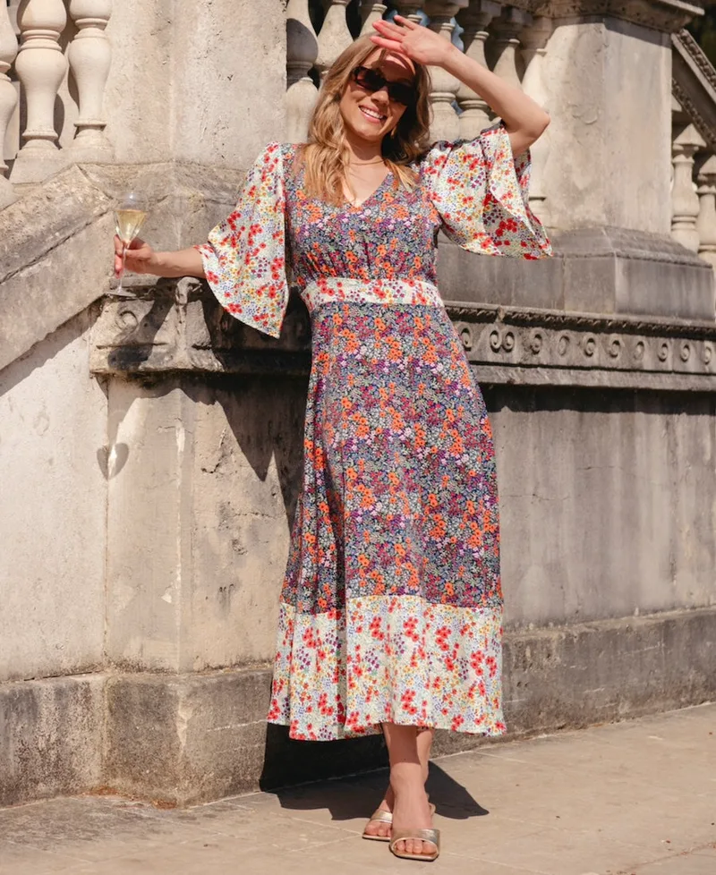 Contrast Floral Angel Sleeve Midi Dress | Clothing Size: 14