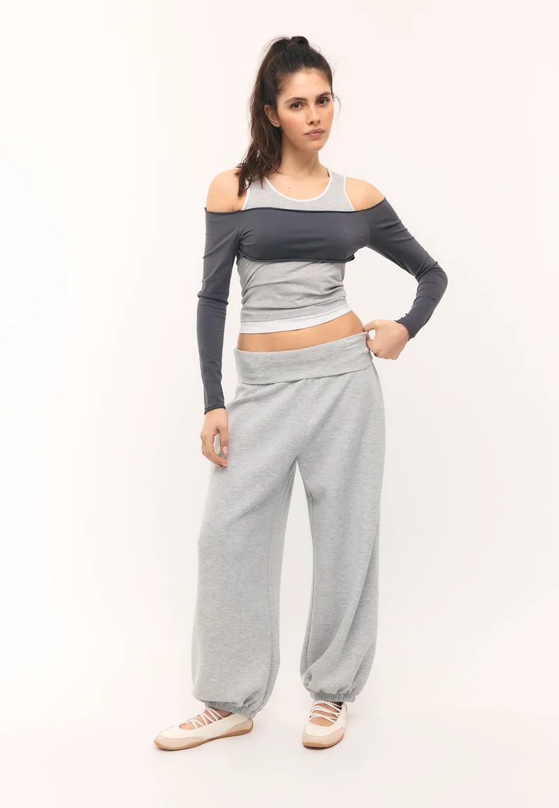 Stradivarius Παντελόνι Jogger Μπαλούν Με Γυριστή Μέση Και Απαλή Υφή Γκρι Μελανζέ Xl
