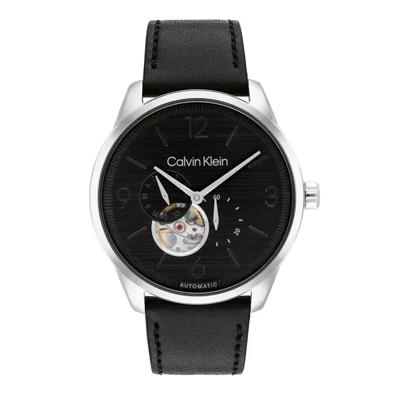 CALVIN KLEIN Esteem Automatic Open Heart Black Dial Black Leather Strap 25200388