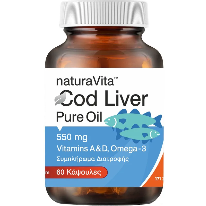 Natura Vita Cod Liver Oil 550 mg Συμπλήρωμα Διατροφής Μουρουνέλαιου Πλούσιου σε Ωμέγα 3 Λιπαρά Οξέα με Βιταμίνη Α & D για την Καλή Λειτουργία του Καρδιαγγειακού Συστήματος, Φυσιολογικά Επίπεδα Τριγλυκεριδίων & Ομαλή Αρτηριακή Πίεση 60caps