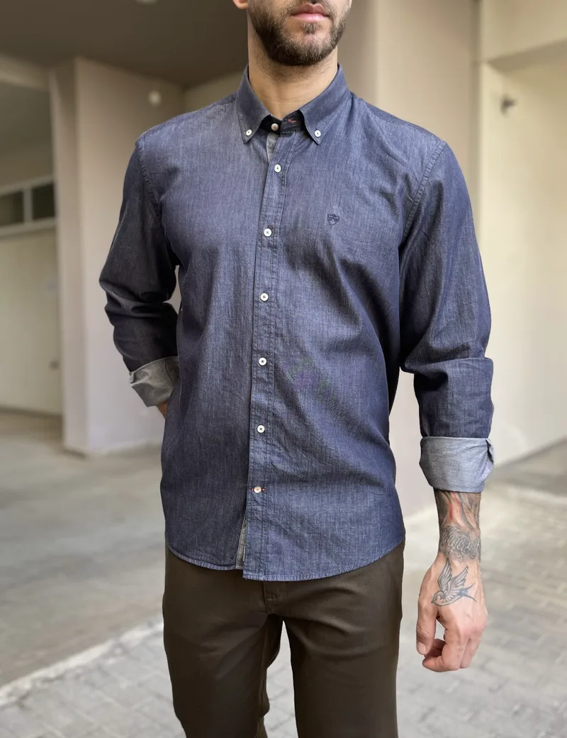 Ανδρικό μπλε με όψη denim βαμβακερό πουκάμισο με γιακά 2077B