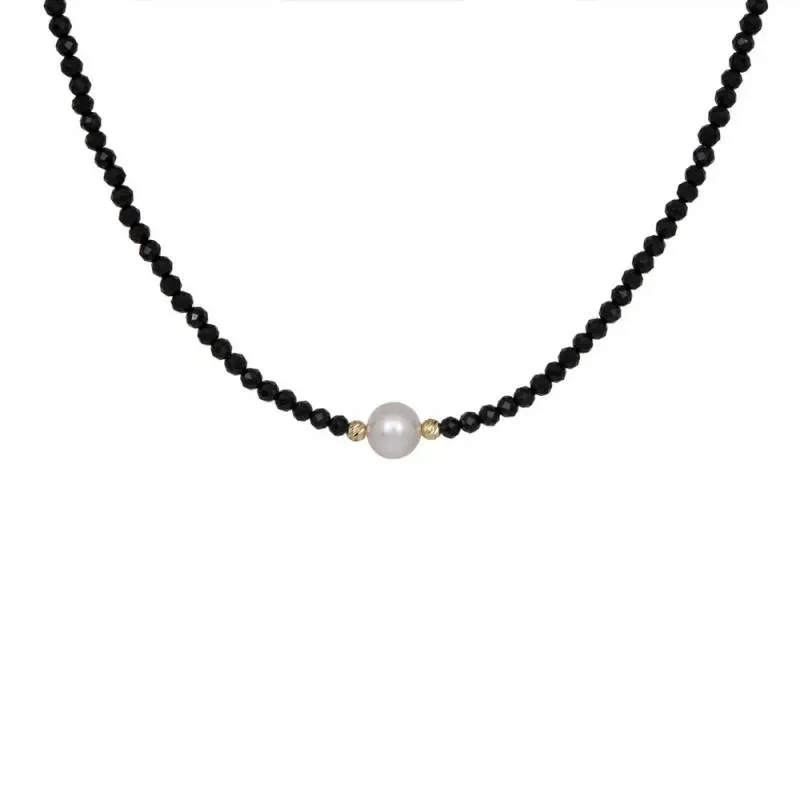 Black Spinel κολιέ με χρυσές μπίλιες και μαργαριτάρι Κ14 040738 040738 Χρυσός 14 Καράτια