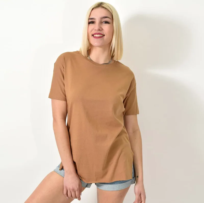 T-shirt μονόχρωμο oversized Καφέ 23557