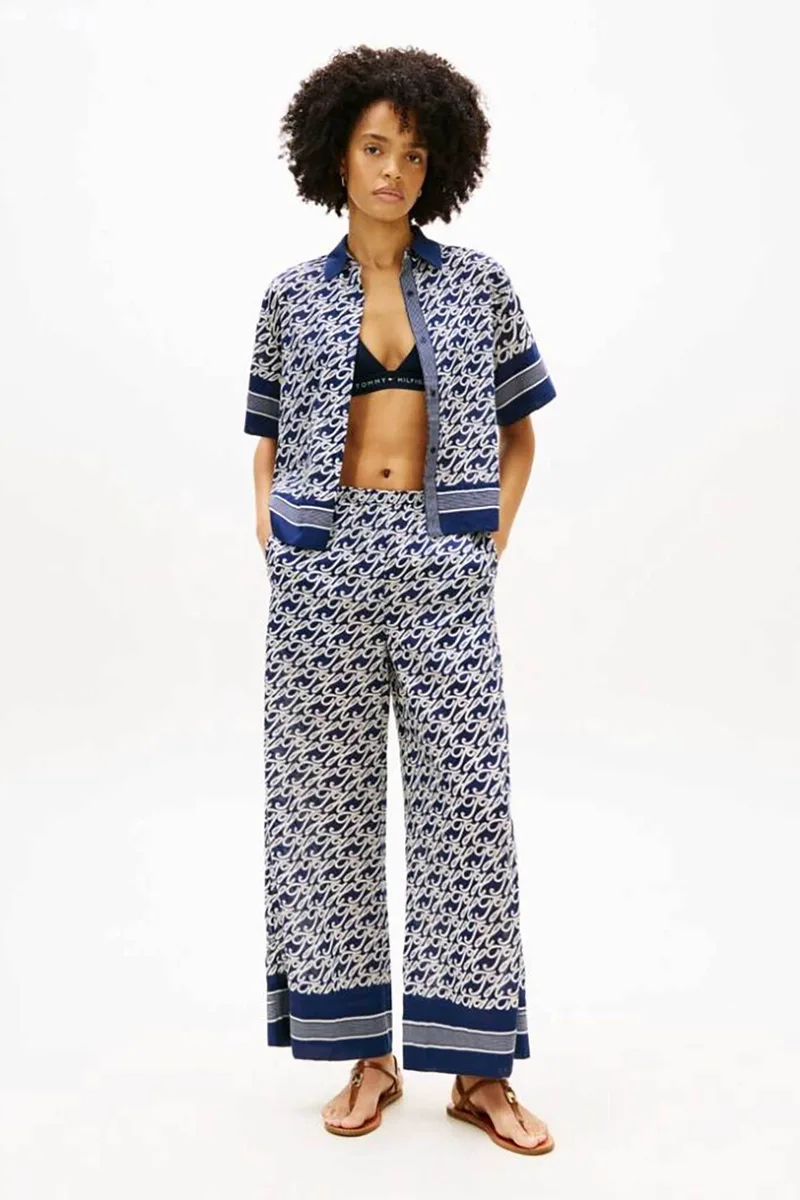 Tommy Hilfiger γυναικείο μεταξωτό ψηλόμεσο παντελόνι Wide Leg - WW0WW49560 Μπλε