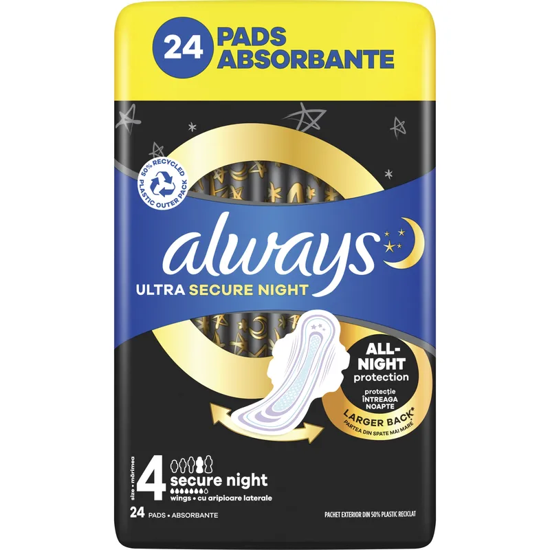 Always Ultra Secure Night Sanitary Towels with Wings Size 4 Σερβιέτες με Φτερά για Προστασία Κατά τη Διάρκεια της Νύχτας 24 Τεμάχια