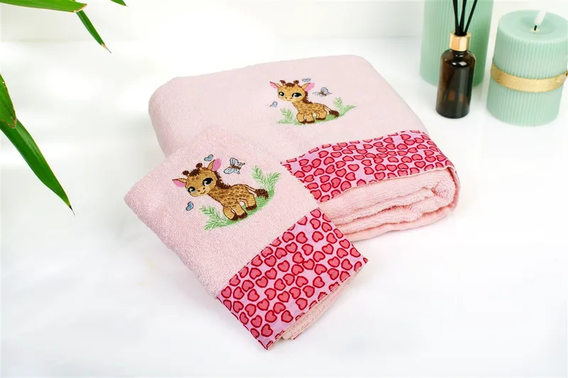 Πετσέτα Με Κέντημα Σετ 2 τεμ bebe Giraffe 171 30X50,70X140 Ροζ 100% Cotton