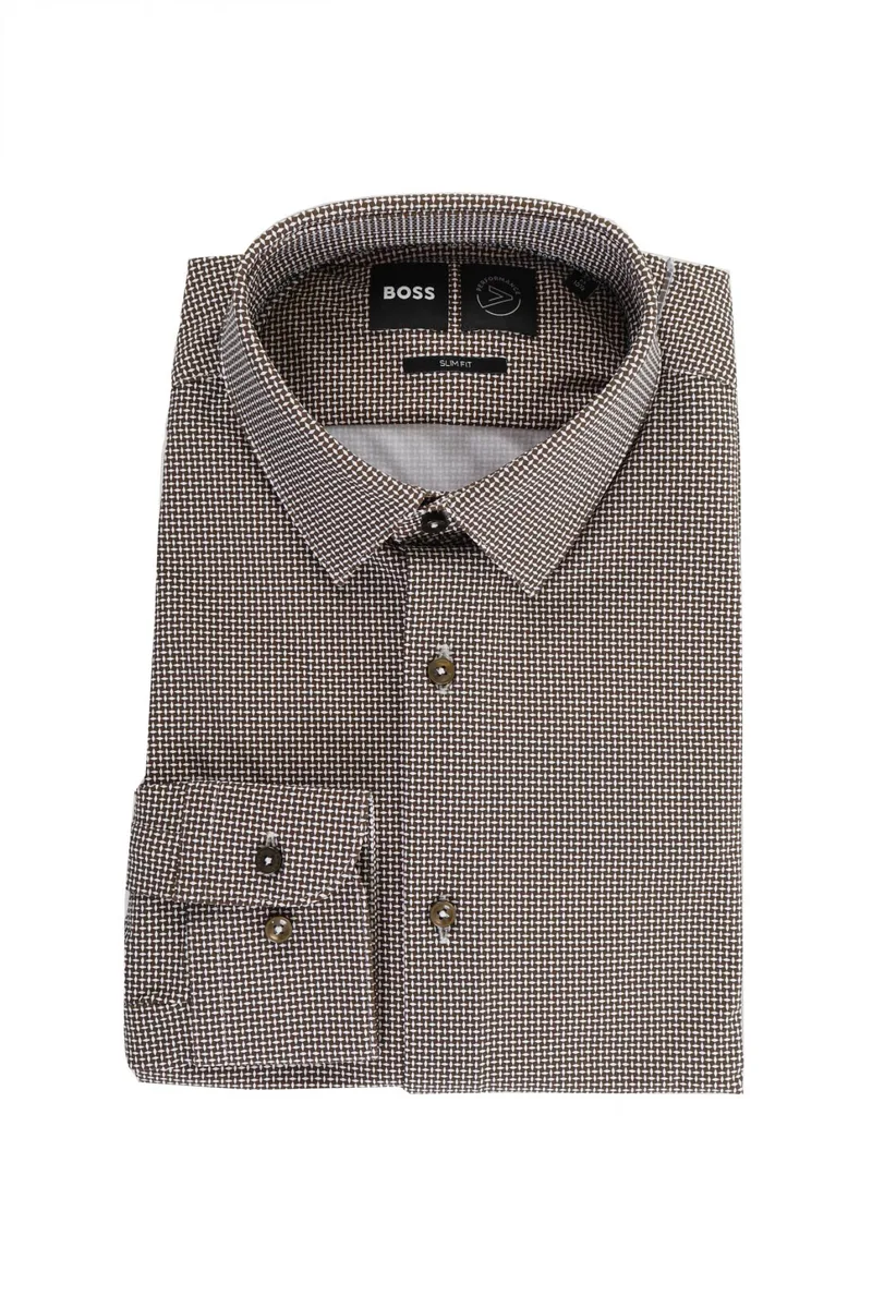 BOSS ΠΟΥΚΑΜΙΣΟ SLIM FIT ΜΙΚΡΟΣΧΕΔΙΟ P-HANK-S-KENT-C1-222 ΚΑΦΕ
