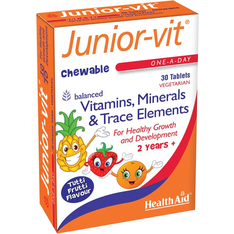 Health Aid Junior-Vit Συμπλήρωμα Διατροφής Πολυβιταμινών & Μετάλλων για Ενίσχυση Ανοσοποιητικού, Φυσιολογική Ανάπτυξη του Εγκεφάλου & Τόνωση με Αντιοξειδωτικές Ιδιότητες για Παιδιά με Γεύση Φρούτων 30 Chew.tabs