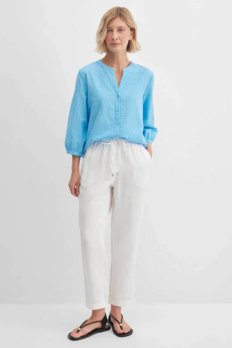 Gerry Weber γυναικείο λινό παντελόνι cropped με ελαστική μέση - N67166102040 Λευκό