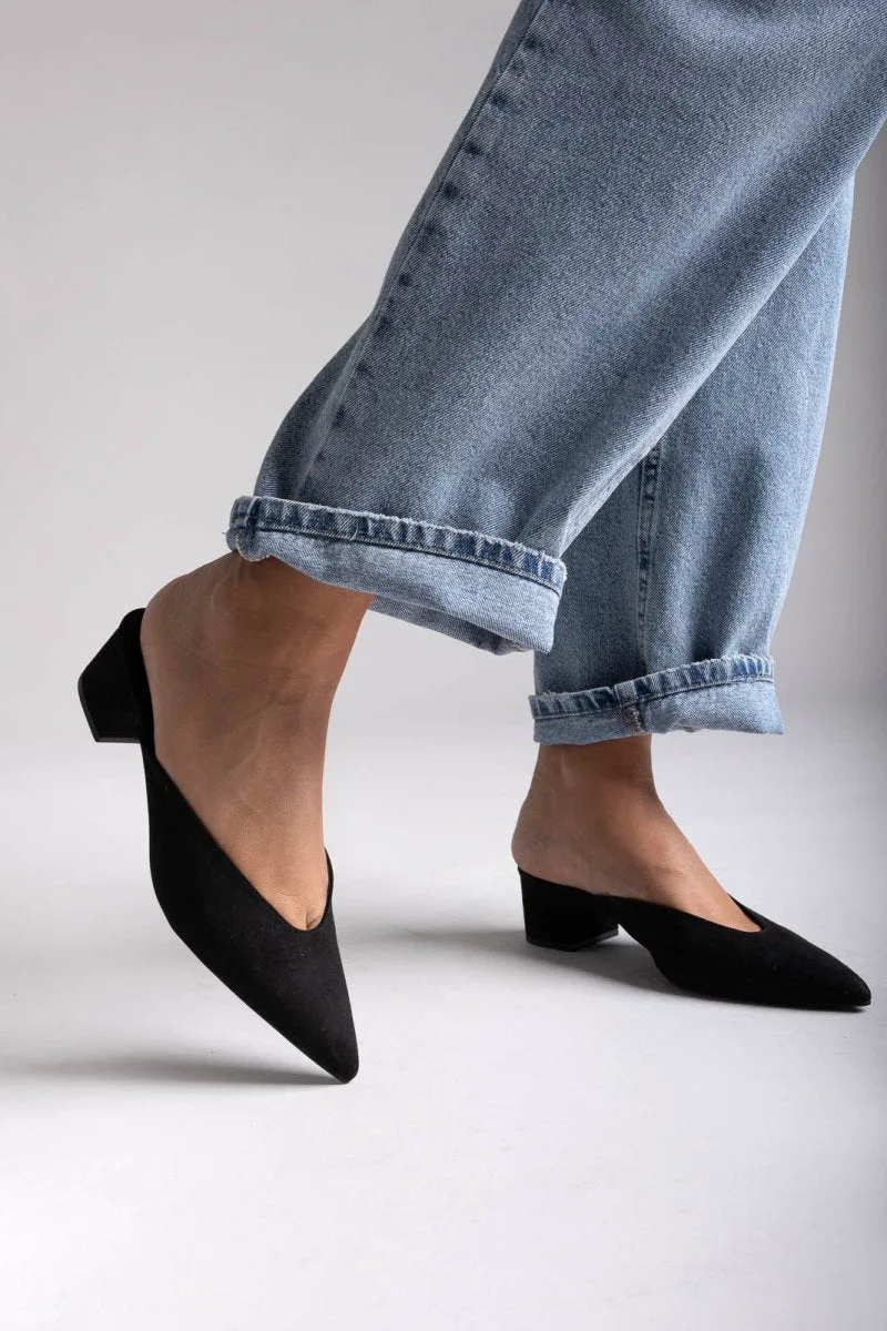 TFP Pointed Suede Mules with Block Heel - 358X - Black Suede