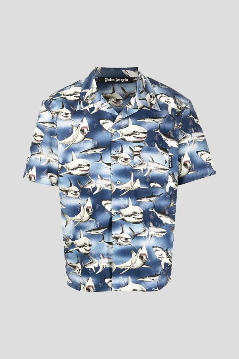 PALM ANGELS Ανδρικό Μπλε Bowling Shirt Blue Black