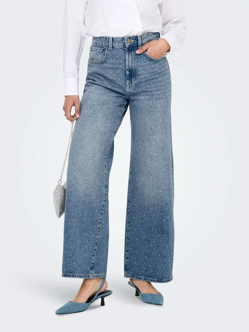 Only Hope Γυναίκειο Rhinestones Wide Leg Jeans 15347097 Ανοιχτό Μπλέ