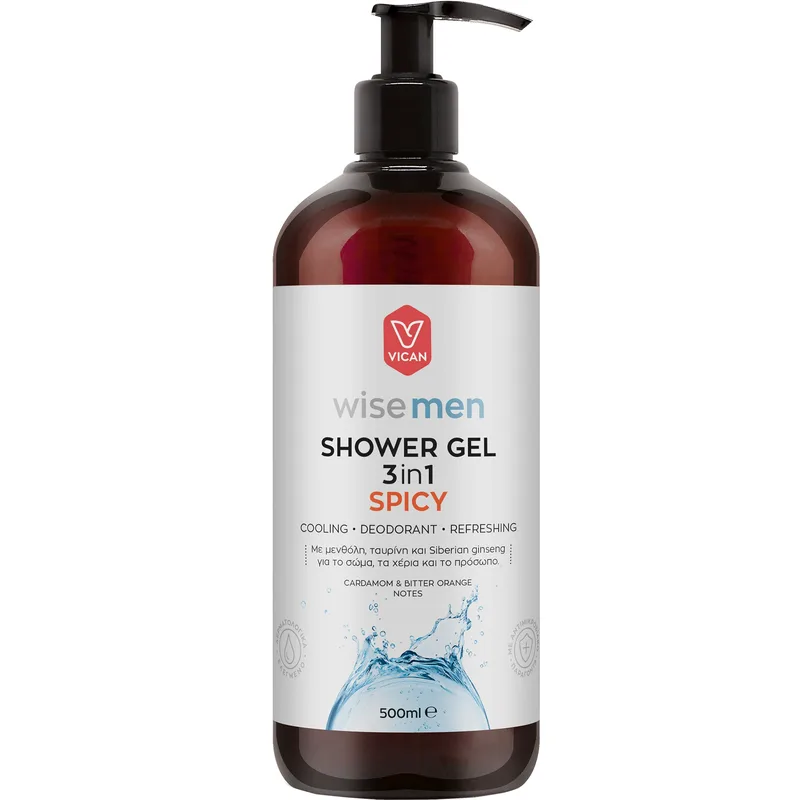 Vican Wise Men Shower Gel 3 in 1 Spicy Ανδρικό Αφρόλουτρο για Καθαρισμό & Αίσθηση Φρεσκάδας με Άρωμα Κάρδαμου & Bitter Πορτοκαλί με Αντλία 500ml
