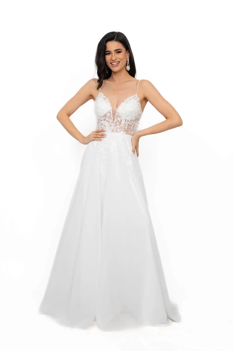 ΦΟΡΕΜΑ BRIDAL ΜΟΥΣΕΛΙΝΑ ΜΕ ΔΑΝΤΕΛΑ ΣΤΟ ΜΠΟΥΣΤΟ ΛΕΥΚΟ
