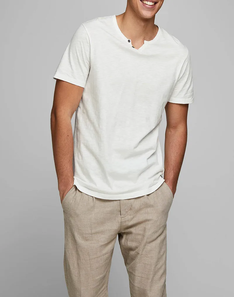 JACK&JONES JJESPLIT NECK TEE 12164972-Cloud Dancer OffWhite
