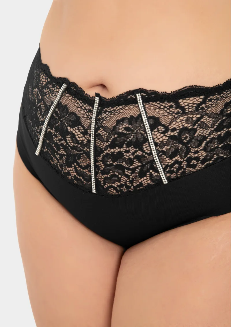 Plus Size Ψηλόμεσο Seamless Σλιπ με Δαντέλα - Μαύρο