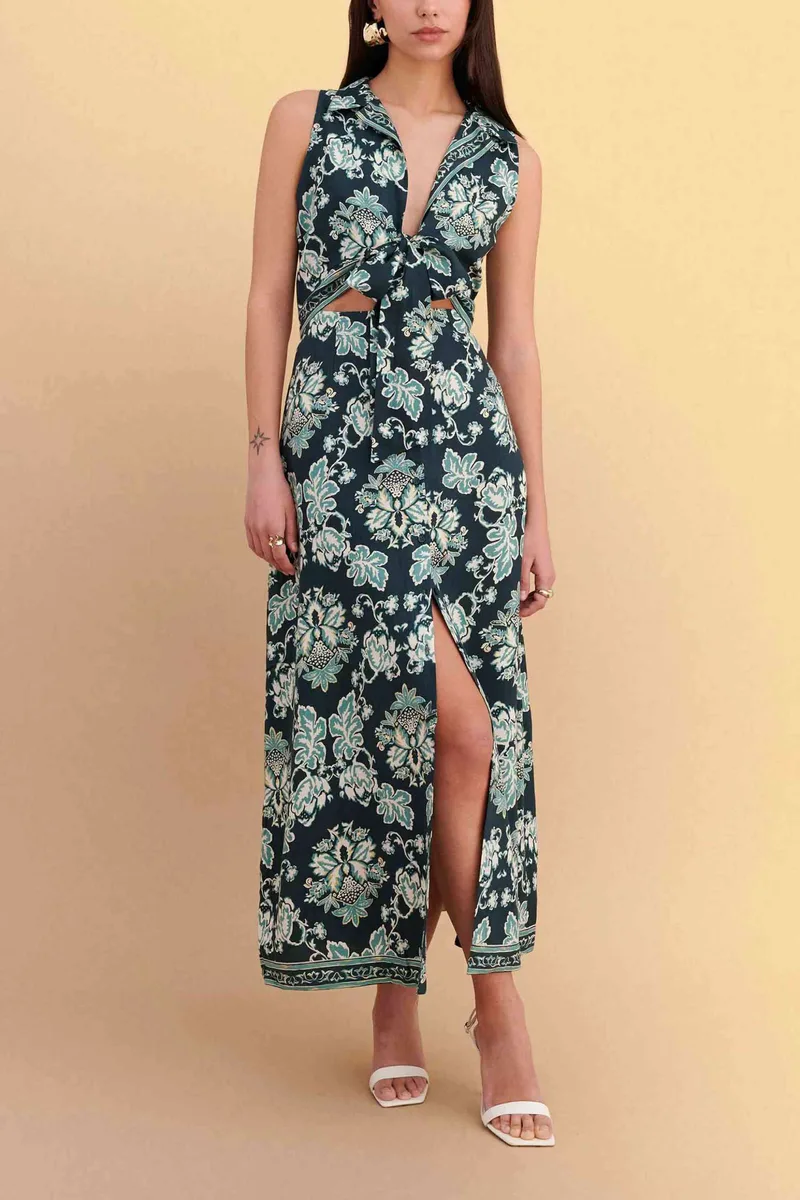 Attrattivo γυναικείο midi αμάνικο φόρεμα με floral print και cut-out - 9923318 Πράσινο
