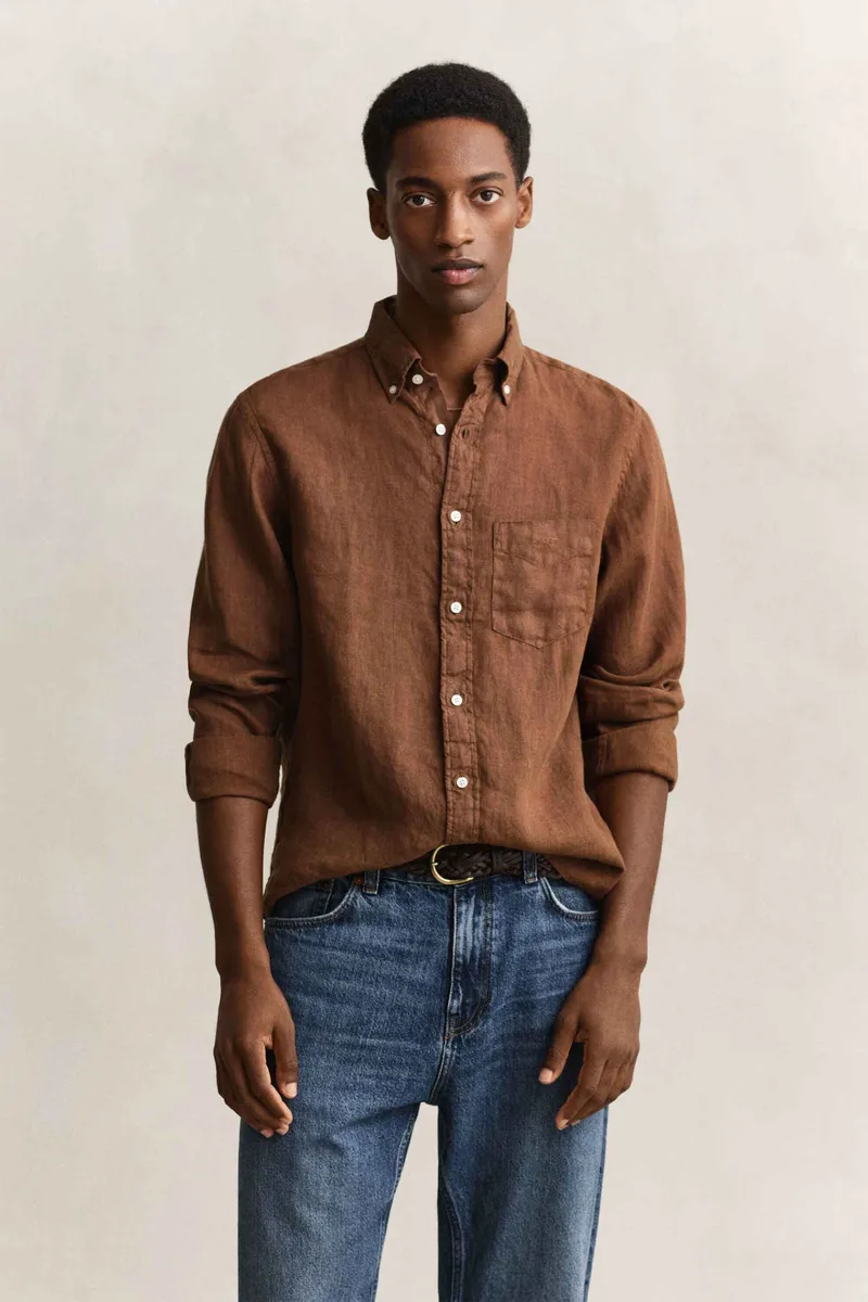Gant ανδρικό λινό πουκάμισο button down με τσέπη και κεντημένο λογότυπο Regular Fit - 3240120 Καφέ