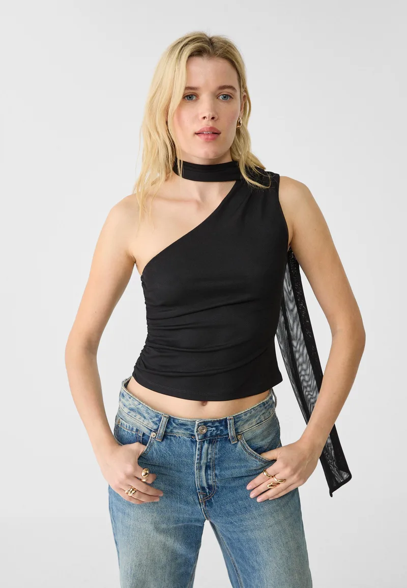 Stradivarius Ασύμμετρο Τοπ Τούλι Μαντήλι Μαύρο L