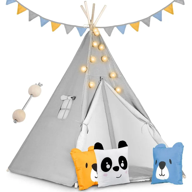 Παιδική Σκηνή Teepee Nukido Kids Tipi Tent NK-400 Ινδιάνικη με 3 x Μαξιλάρια / Γιρλάντα & Φωτάκια - Gray (5903890609597)