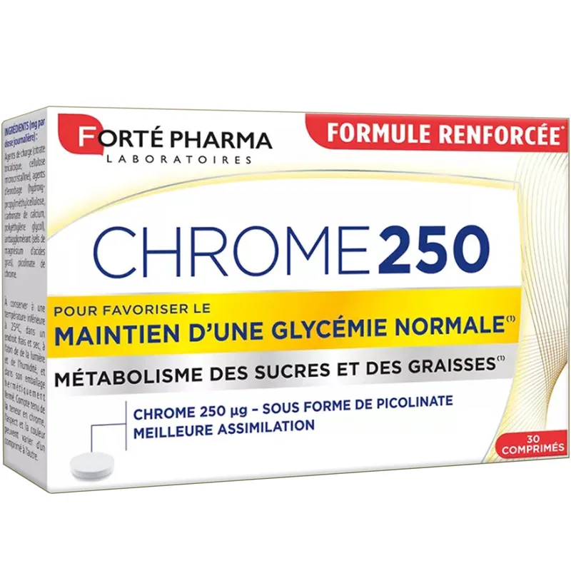 Forte Pharma Chrome 250 Συμπλήρωμα Διατροφής Χρωμίου Πικολινικής Μορφής για τη Διατήρηση Φυσιολογικών Επιπέδων Γλυκόζης στο Αίμα, Ρύθμιση της Όρεξης & Βάρους 30tabs