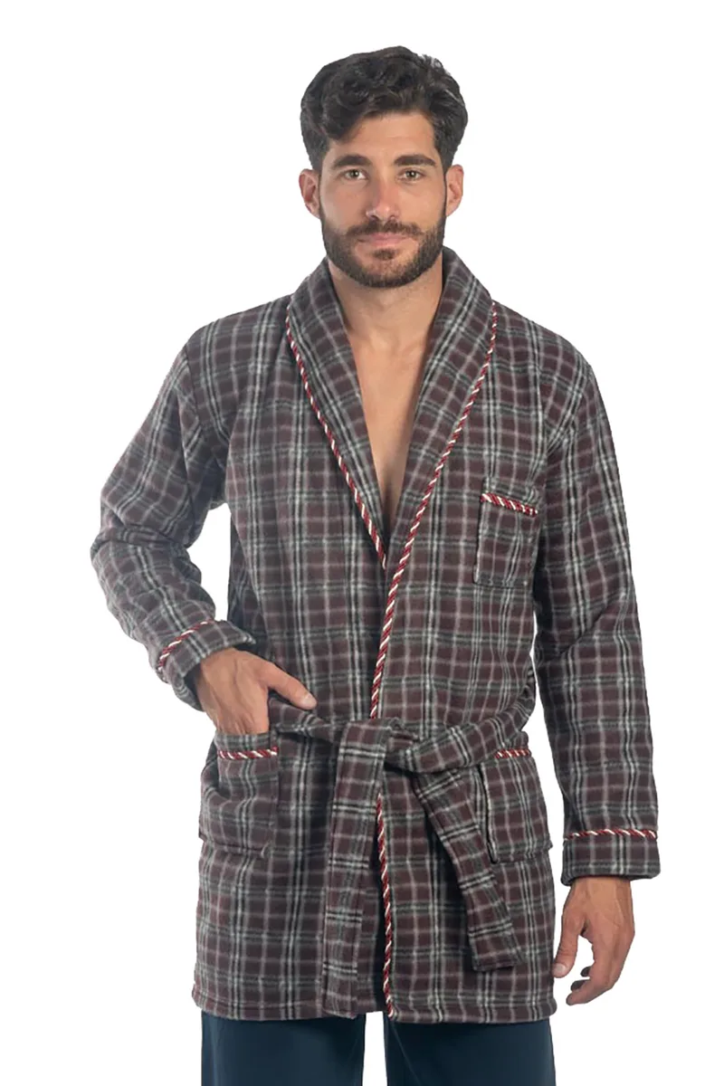 Ανδρική ρόμπα καρό fleece δετή με γιακά και τσέπες-ΠΛΦ238