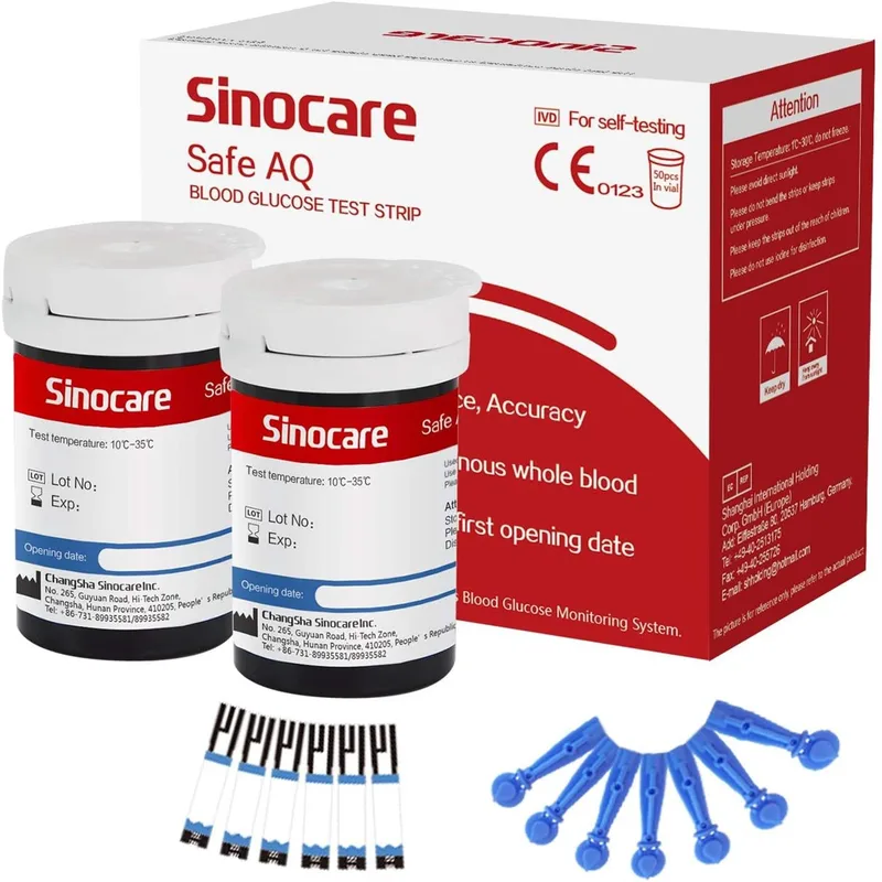Sinocare Safe AQ Voice Blood Glucose Meter with Voice Reminder and Precise Test Results | No Meter+only 50pcs×(strips+lancets) | mmol/L