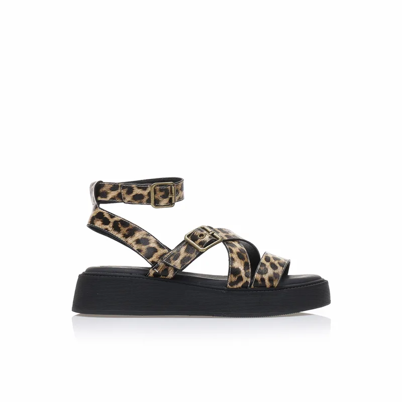 Flatforms animal print δερματίνη με χιαστί λουράκια ΛΕΟΠΑΡ