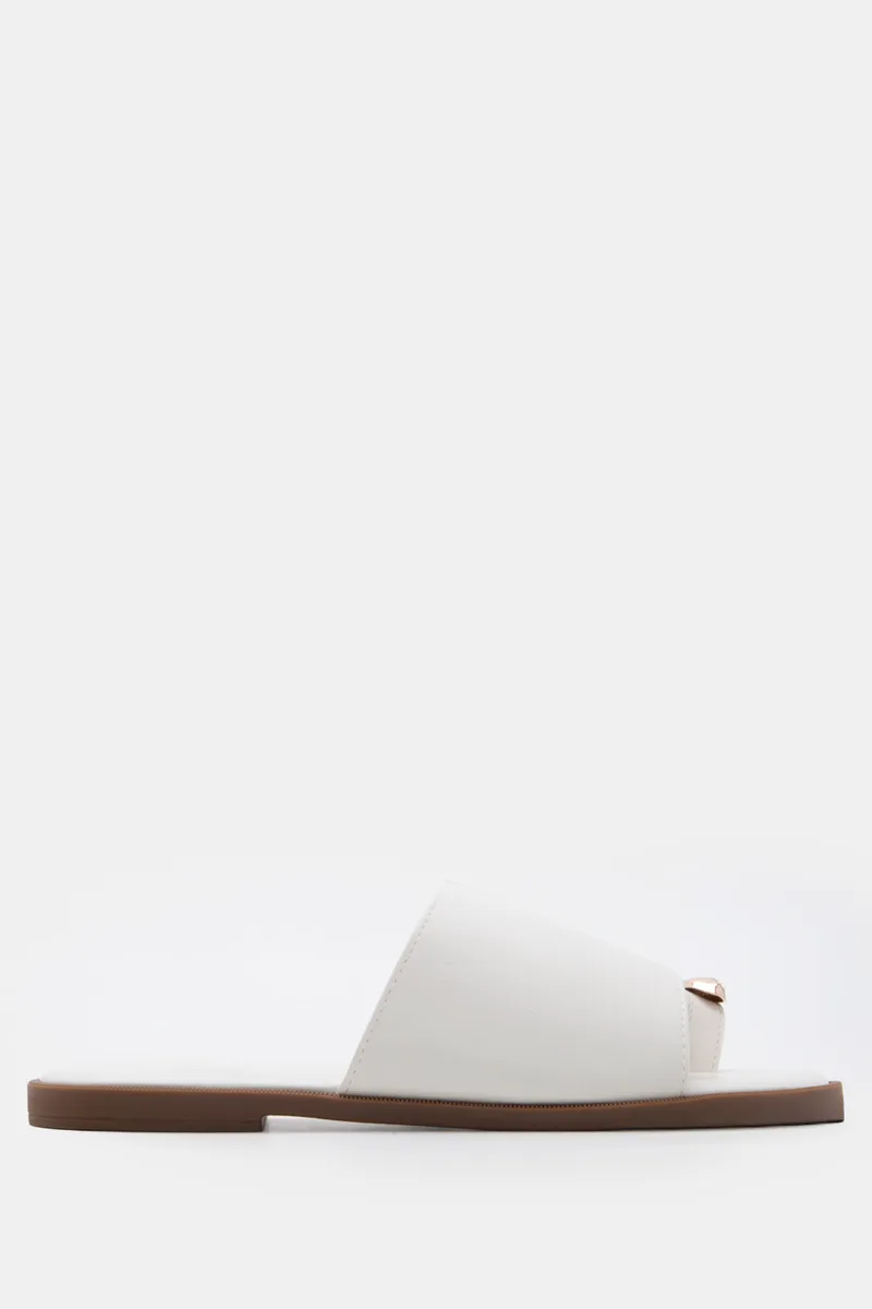 LUIGI DESIGN - Flat Σανδάλια με Μεταλλική Λεπτομέρεια & Strass - Λευκό