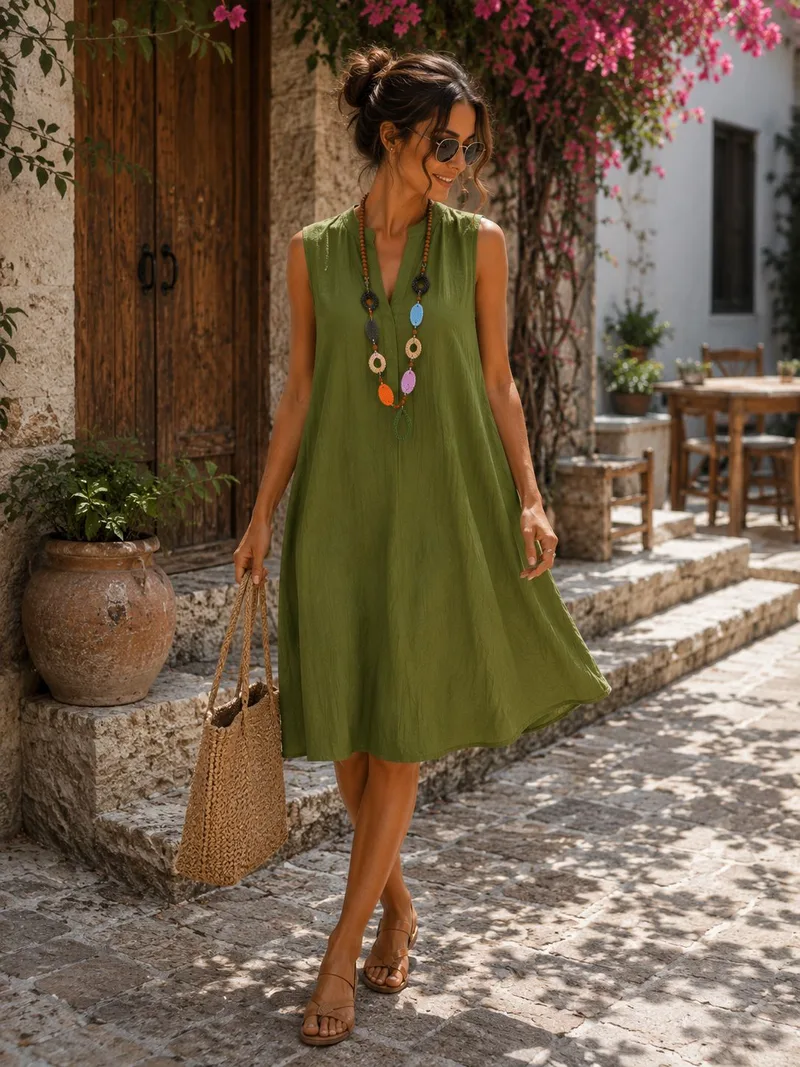 Midi Αέρινο Αμάνικο Φόρεμα με V Λαιμόκοψη - Χακί| Dress Up Χακί