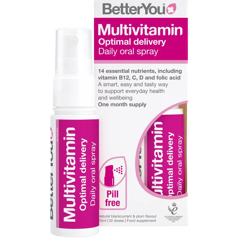 BetterYou Multivitamin Optimal Delivery Daily Oral Spray Συμπλήρωμα Διατροφής σε Μορφή Spray των 12 Βασικών Βιταμινών με Σελήνιο & Ιώδιο για Συνολική Ευεξία του Οργανισμού, Ενέργεια, Τόνωση & Ενίσχυση του Ανοσοποιητικού με Φυσική Γεύση Φραγκοστάφυλο
