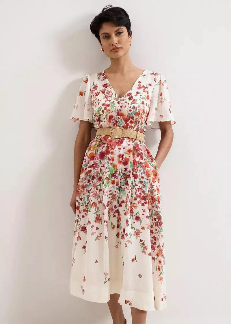 Phase Eight Γυναικείο Φόρεμα Midi Regular Fit Με Floral Print Και Linen Blend Υφή