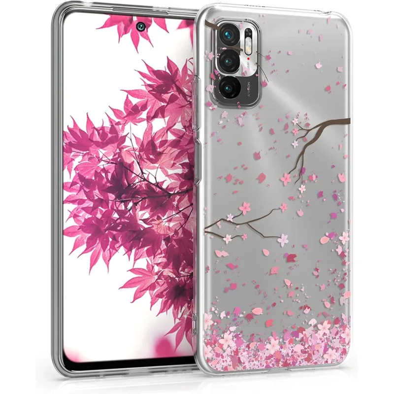 Θήκη Xiaomi Redmi Note 10 5G KWmobile TPU Silicone Case Σιλικόνης - Cherry Blossoms / Ροζ / Dark Brown / Transparent (54950.01)
