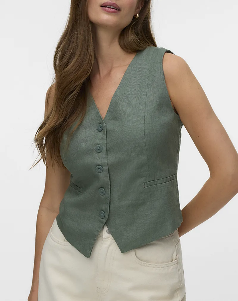 VERO MODA VMLAICA SL LINEN WAISTCOAT 10346660-Laurel Wreath DarkGreen