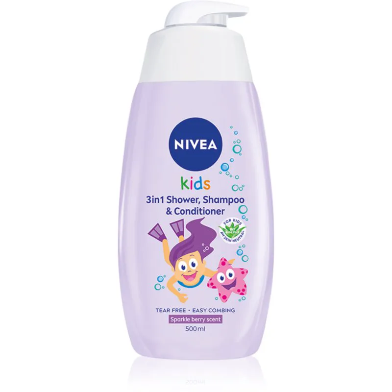 NIVEA Kids Sparkle Berry απαλό τζελ ντους και σαμπουάν για παιδιά 3 σε 1 500 ml