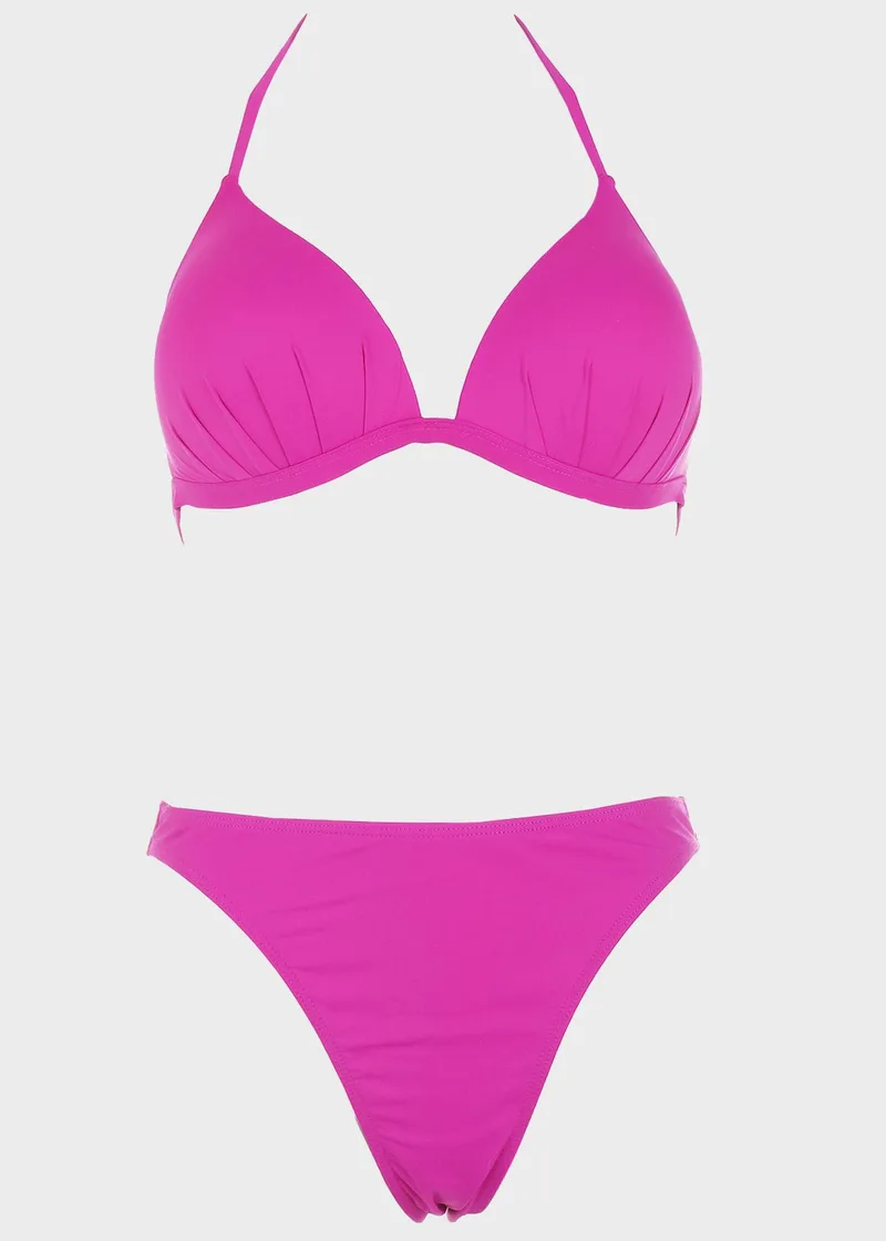 Σετ μαγιό bikini τριγωνάκι μονόχρωμο push up ενίσχυση slip ψηλόμεσο.Καλύπτει C-D Cup ΦΟΥΞΙΑ