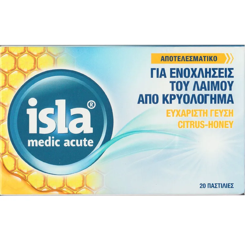 FarmaSyn Isla Medic Acute Καταπραϋντικές Παστίλες με Εκχύλισμα από Βρύα Ισλανδίας & Υαλουρονικό Νάτριο για Ανακούφιση από τη Βραχνάδα & τον Ερεθισμένο Λαιμό με Γεύση Εσπεριδοειδών & Μέλι 20 Lozenges