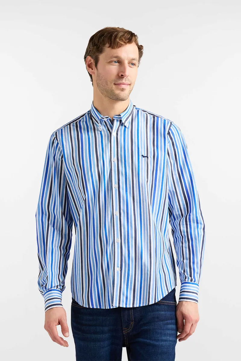 Harmont & Blaine ανδρικό πουκάμισο poplin button down με ριγέ σχέδιο και λογότυπο Regular Fit - CRQ026013702M Μπλε