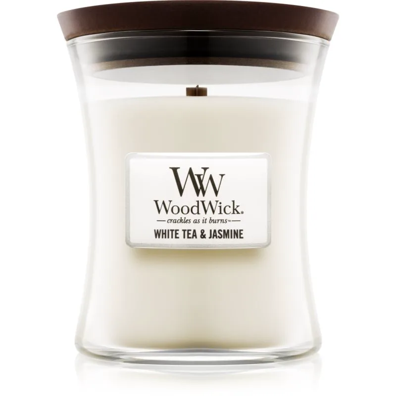 Woodwick White Tea & Jasmine αρωματικό κερί με ξύλινο φιτίλι 275 γρ