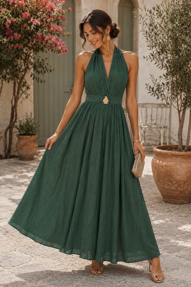 Maxi Φόρεμα Με Ανοιχτή Πλάτη & Elegant Λαιμόκοψη - Χακί | Dress Up Χακί