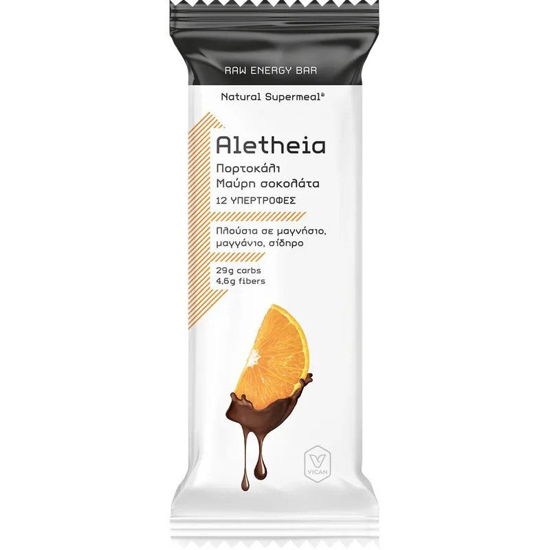 Vican Aletheia Raw Energy Bar Φυσική Ακατέργαστη Μπάρα Υψηλής Ενεργειακής Απόδοσης με 12 Υπερτροφές, Βιταμίνες, Καλά Λιπαρά, Μέταλλα & Ιχνοστοιχεία με Γεύση Πορτοκάλι & Μαύρη Σοκολάτα 50g